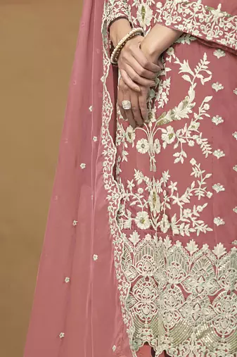 Dark mauve colour embroidered organza straight suit with dupatta