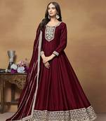 Monjolika fashion's wine colour art silk designer anarkali dress