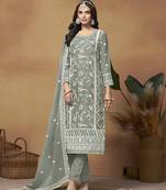 Slate grey colour embroidered soft organza trendy dress for women