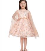 Betty peach colored flowers patch, sequins net frock