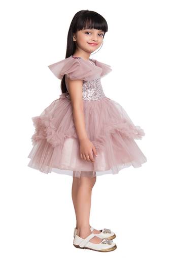 Betty orchid colored flower patch, sequins net frock