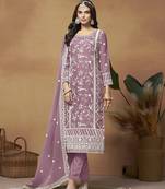 Mauve colour embroidered soft organza trendy dress for women