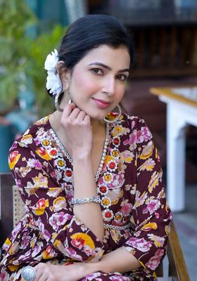 Wine Princess A -Line Kantha Work Cotton Printed Kurta 2
