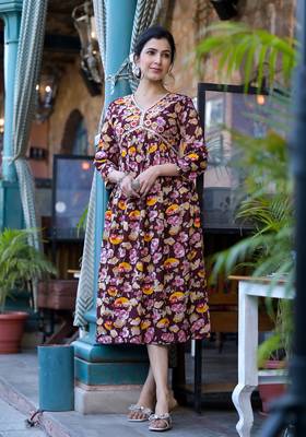Wine Princess A -Line Kantha Work Cotton Printed Kurta 3