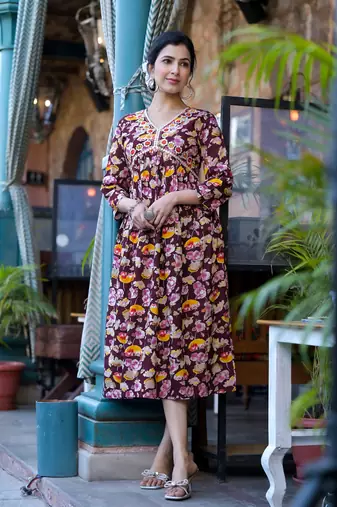 Wine Princess A -Line Kantha Work Cotton Printed Kurta