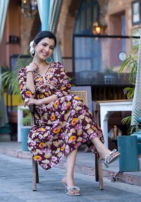 Wine Princess A -Line Kantha Work Cotton Printed Kurta 1