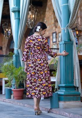 Wine Princess A -Line Kantha Work Cotton Printed Kurta 4