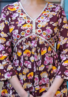Wine Princess A -Line Kantha Work Cotton Printed Kurta 5