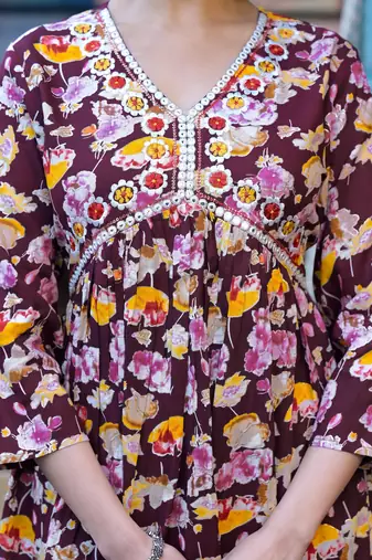 Wine Princess A -Line Kantha Work Cotton Printed Kurta