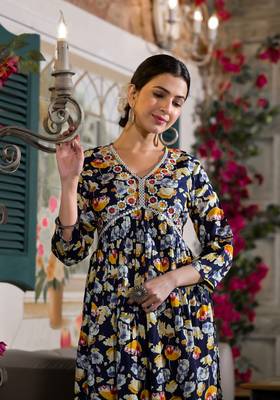 Navy Blue,Mustard Floral Print Mirror Work Rayon Alia Cut Kurta 1