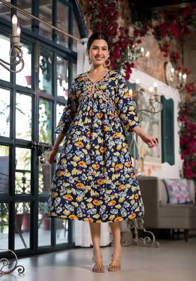 Navy Blue,Mustard Floral Print Mirror Work Rayon Alia Cut Kurta 2