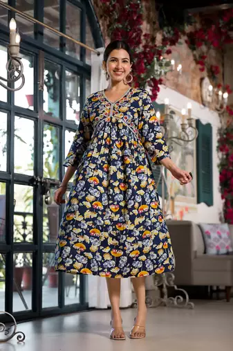 Navy Blue,Mustard Floral Print Mirror Work Rayon Alia Cut Kurta