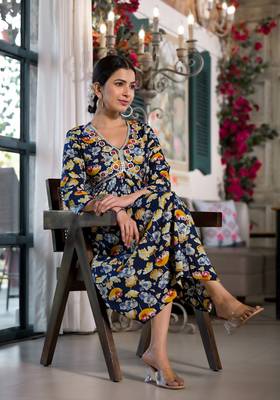 Navy Blue,Mustard Floral Print Mirror Work Rayon Alia Cut Kurta 3