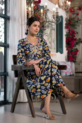 Navy Blue,Mustard Floral Print Mirror Work Rayon Alia Cut Kurta