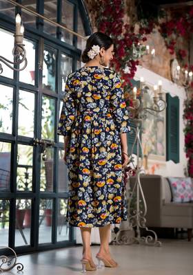 Navy Blue,Mustard Floral Print Mirror Work Rayon Alia Cut Kurta 4