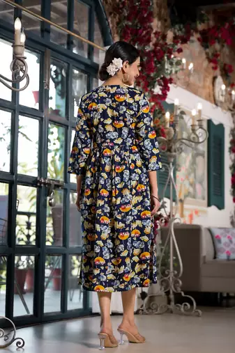 Navy Blue,Mustard Floral Print Mirror Work Rayon Alia Cut Kurta