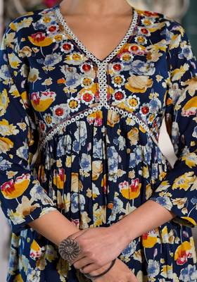 Navy Blue,Mustard Floral Print Mirror Work Rayon Alia Cut Kurta 5