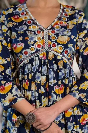 Navy Blue,Mustard Floral Print Mirror Work Rayon Alia Cut Kurta