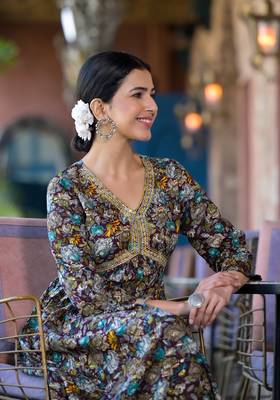 Wine,Multicolor Floral Print Mirror Work Rayon Alia Cut Kurta 1