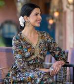 Wine,Multicolor Floral Print Mirror Work Rayon Alia Cut Kurta