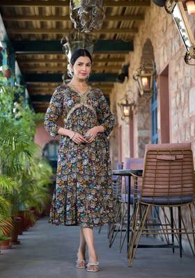 Wine,Multicolor Floral Print Mirror Work Rayon Alia Cut Kurta 2