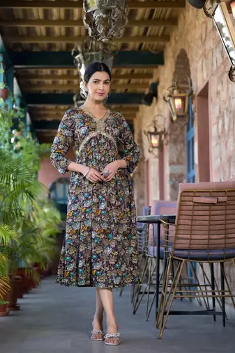 Wine,Multicolor Floral Print Mirror Work Rayon Alia Cut Kurta