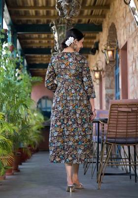 Wine,Multicolor Floral Print Mirror Work Rayon Alia Cut Kurta 4