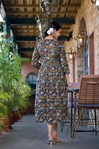 Wine,Multicolor Floral Print Mirror Work Rayon Alia Cut Kurta