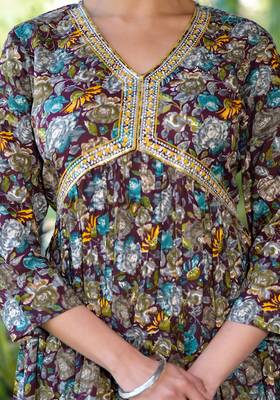 Wine,Multicolor Floral Print Mirror Work Rayon Alia Cut Kurta 5