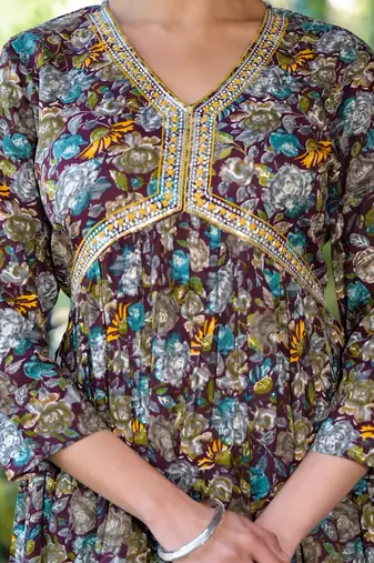 Wine,Multicolor Floral Print Mirror Work Rayon Alia Cut Kurta