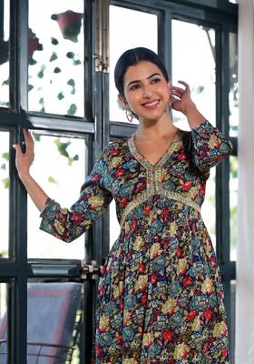 Navy Blue,Multicolor Floral Print Mirror Work Rayon Alia Cut Kurta 2