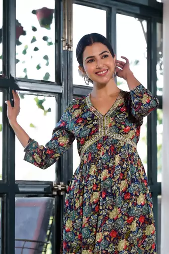 Navy Blue,Multicolor Floral Print Mirror Work Rayon Alia Cut Kurta