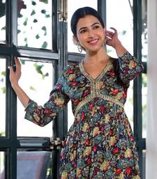 Navy Blue,Multicolor Floral Print Mirror Work Rayon Alia Cut Kurta