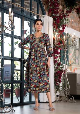 Navy Blue,Multicolor Floral Print Mirror Work Rayon Alia Cut Kurta 1