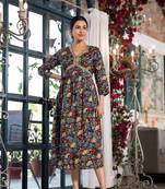 Navy Blue,Multicolor Floral Print Mirror Work Rayon Alia Cut Kurta