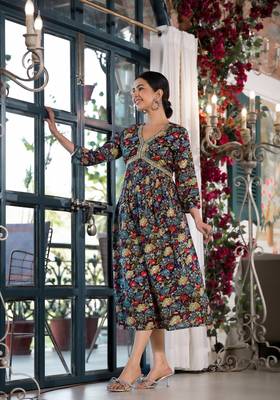 Navy Blue,Multicolor Floral Print Mirror Work Rayon Alia Cut Kurta 3