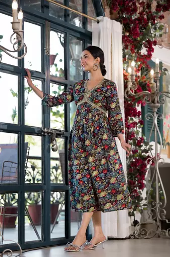Navy Blue,Multicolor Floral Print Mirror Work Rayon Alia Cut Kurta