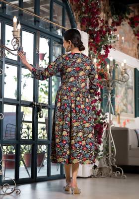 Navy Blue,Multicolor Floral Print Mirror Work Rayon Alia Cut Kurta 4