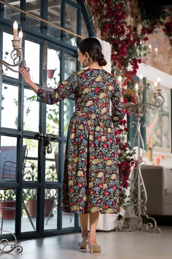Navy Blue,Multicolor Floral Print Mirror Work Rayon Alia Cut Kurta