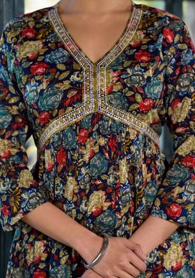 Navy Blue,Multicolor Floral Print Mirror Work Rayon Alia Cut Kurta 5