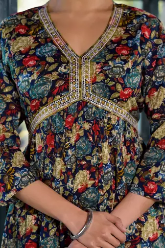 Navy Blue,Multicolor Floral Print Mirror Work Rayon Alia Cut Kurta