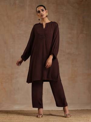 Solid Brown Knee-Length Kurta Set with Pant in Rayon (Stitched) 1