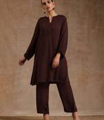 Solid Brown Knee-Length Kurta Set with Pant in Rayon (Stitched)