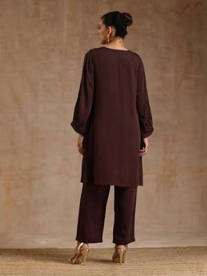 Solid Brown Knee-Length Kurta Set with Pant in Rayon (Stitched) 2