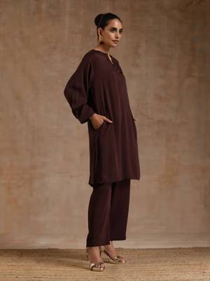 Solid Brown Knee-Length Kurta Set with Pant in Rayon (Stitched) 3