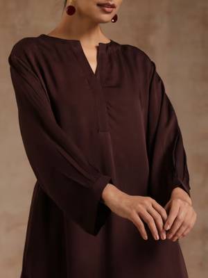 Solid Brown Knee-Length Kurta Set with Pant in Rayon (Stitched) 4