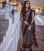 Superb Grey Khadi Cotton Handloom Saree With Blouse Piece 