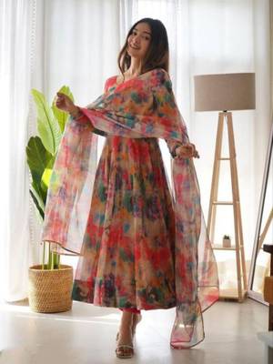 Women's Cal Length Flared Georgette Anarkali With Dupatta Set (MAK108) 1