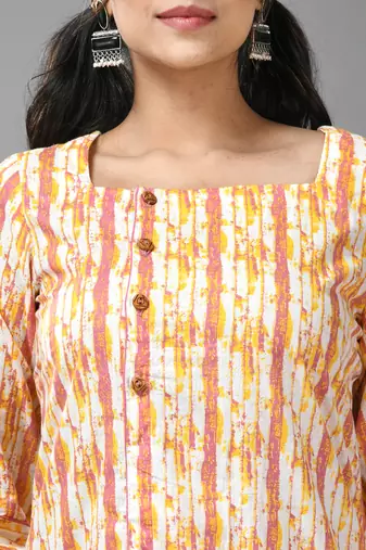 White & yellow cotton printed kurta