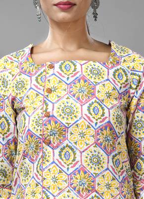 White & yellow cotton floral printed kurta 5